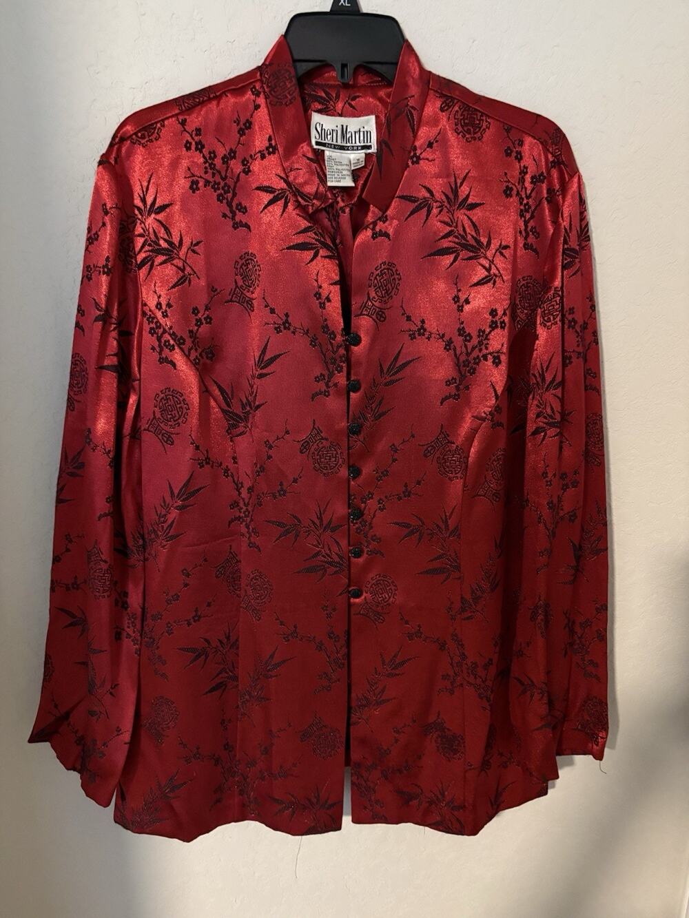 Vtg 90's Sheri Martin Red Satin Floral Embroidered Asian Jacket Sz 18